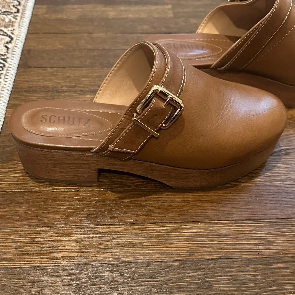 SCHUTZ Tan-Brown Leather Mule Slides with Gold Buckle Size 7 - Picture 2 of 5